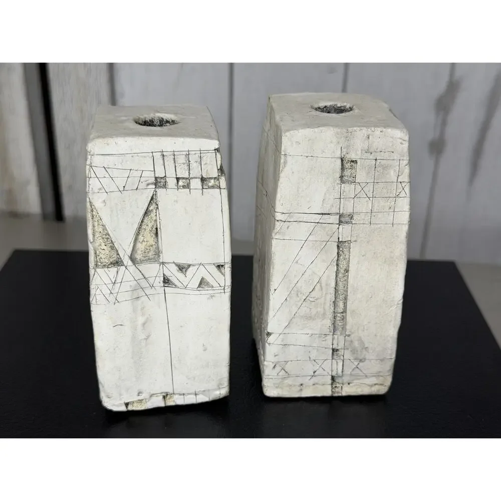 Vintage Abstract Art Carved Candle Holders Set Of 2 Column Artist Made White